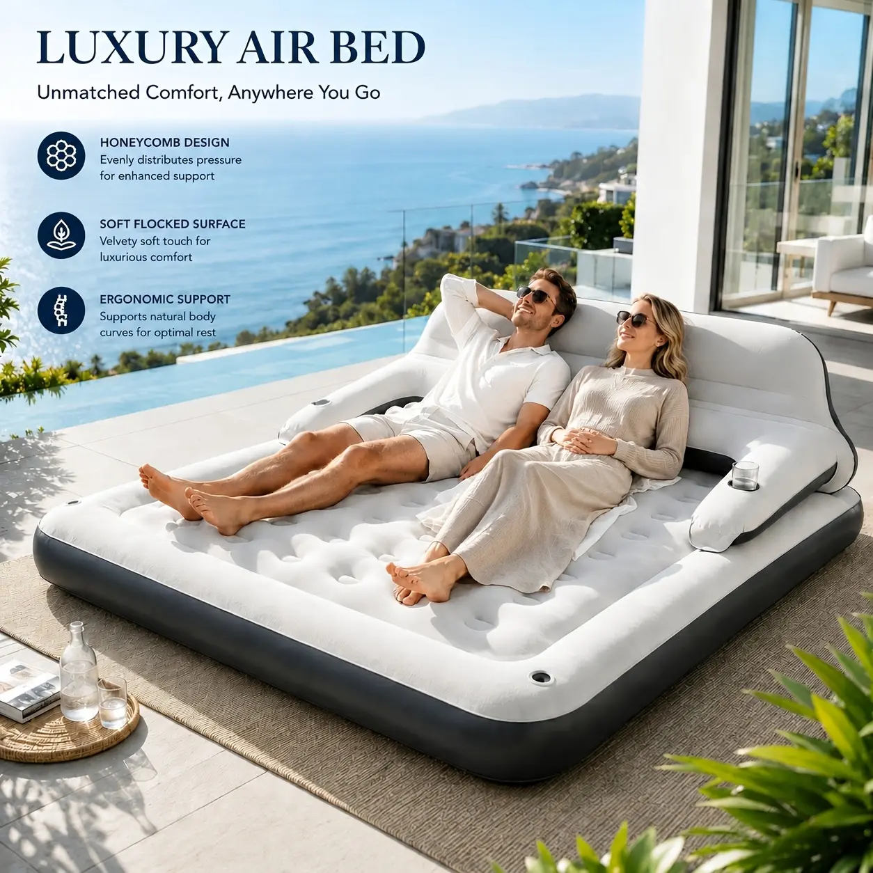 Luxury Queen Size Inflatable Air Bed with Backrest & Armrests, Flocked Air Mattress Couch for Home, Camping, Guests & Outdoor Relaxation