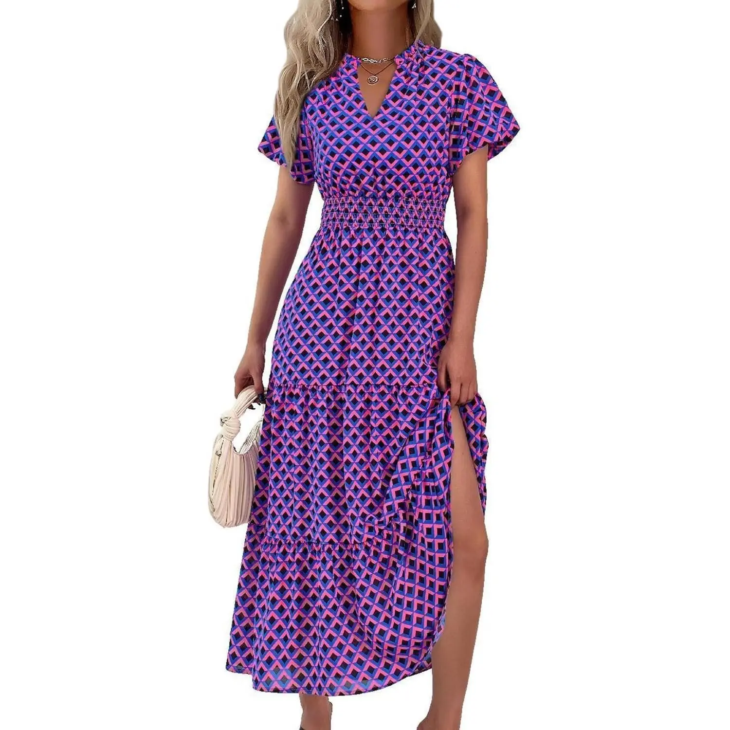 Women's 2026 Summer Maternity Bohemian Maxi Dress - Cute V-Neck, Puff Short-Sleeve, Smocked, Flowy, Floral, with Pockets, Beach Wear