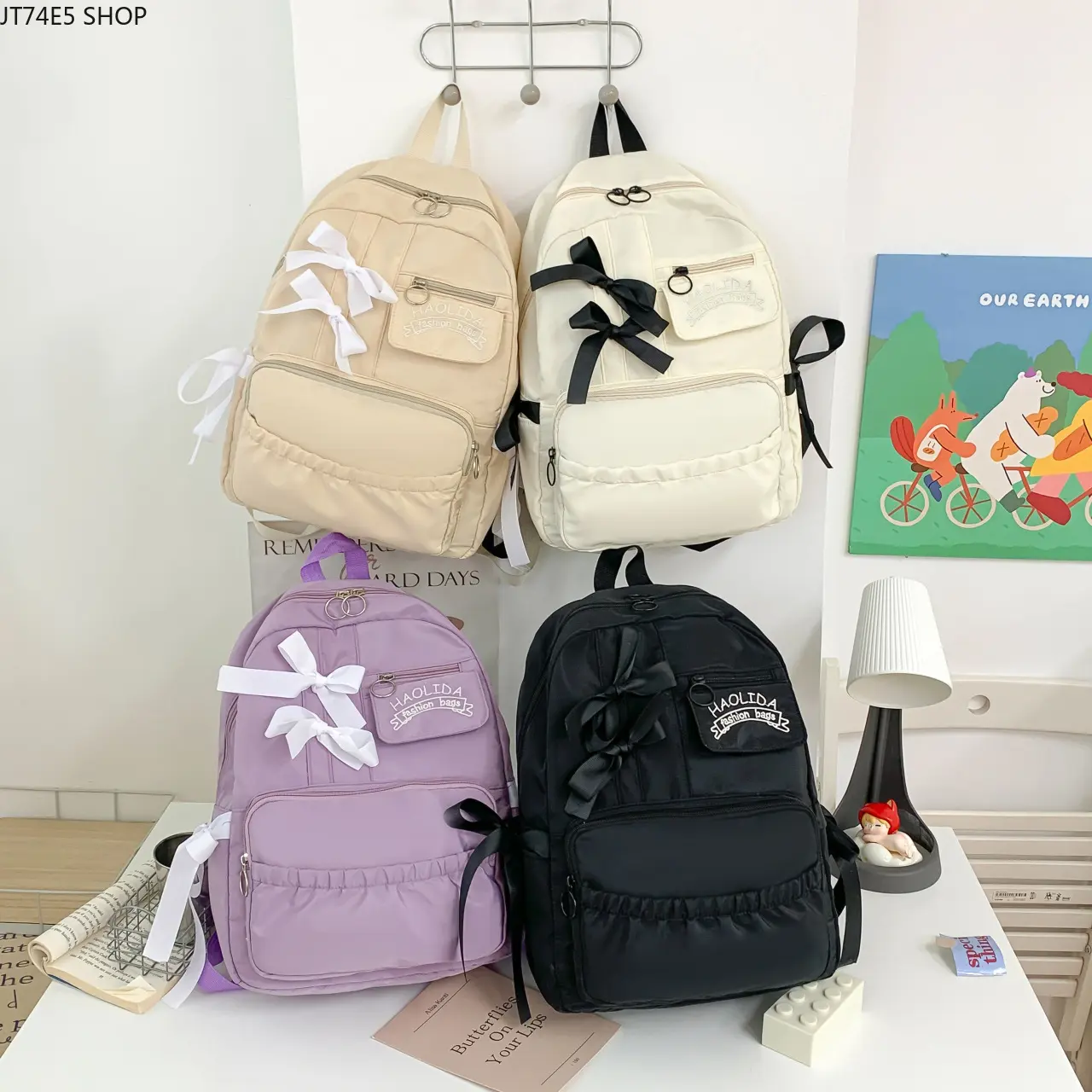 Small fresh and sweet backpack bow girl casual backpack college style large capacity college student schoolbag