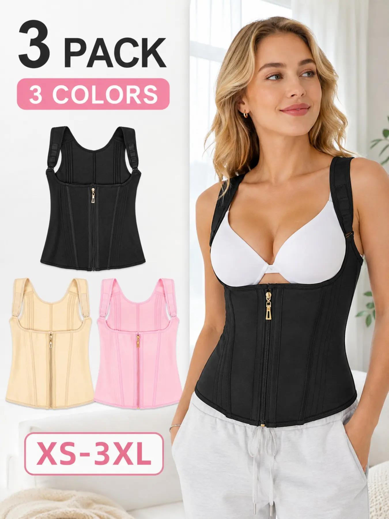 3 Pack Women’s Waist Trainer Vest, Front Zipper Tummy Control Shapewear Top with Adjustable Straps, Body Shaper Corset Tank, XS-3XL