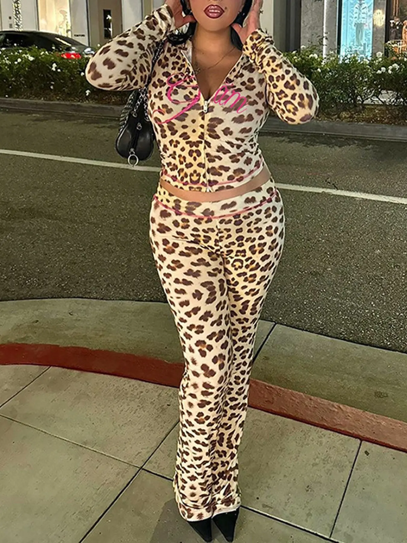 European Style Leopard Print Casual Set, Sweet Cool Sexy Short Jacket and Bell Bottom Pants Two-Piece for Women