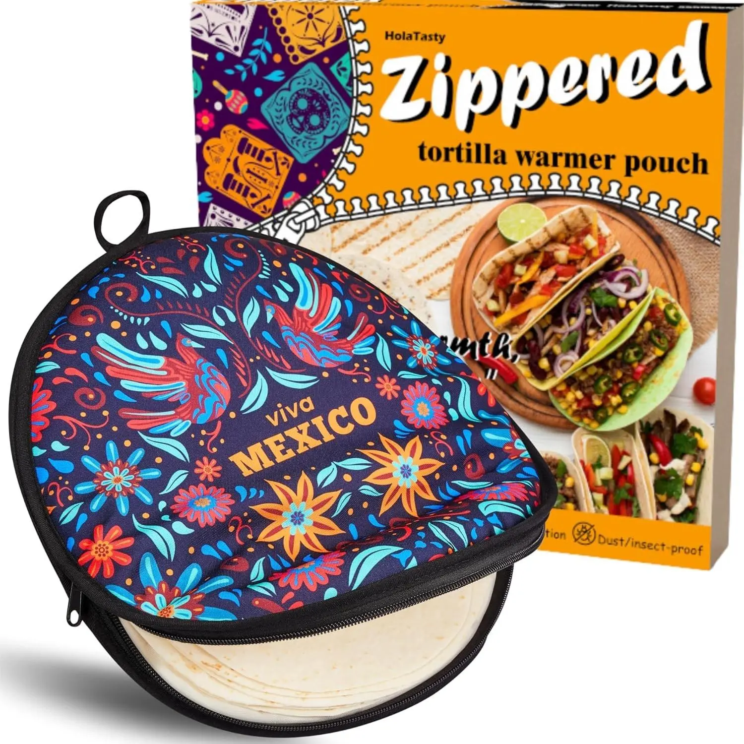 Zippered Tortilla Warmer Pouch - Fit 10'' Burrito Size Tortillas, Insulated Fabric - Semicircular Secure Zipper, Festive Viva Mexico Folk Art Portable Holder for Fiestas & Kitchen Decor, 12 Inch