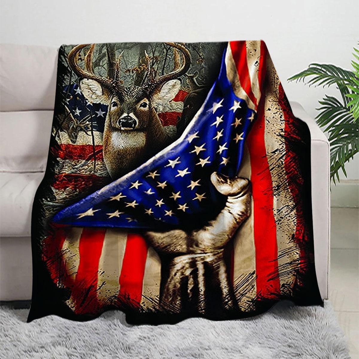 American Flag & Deer Pattern Blanket, 1 Count Soft Warm Throw Blanket, Lightweight Cozy Blanket, Air-conditioned Room Blanket, Warm Nap Blanket for Home & Office & Travel