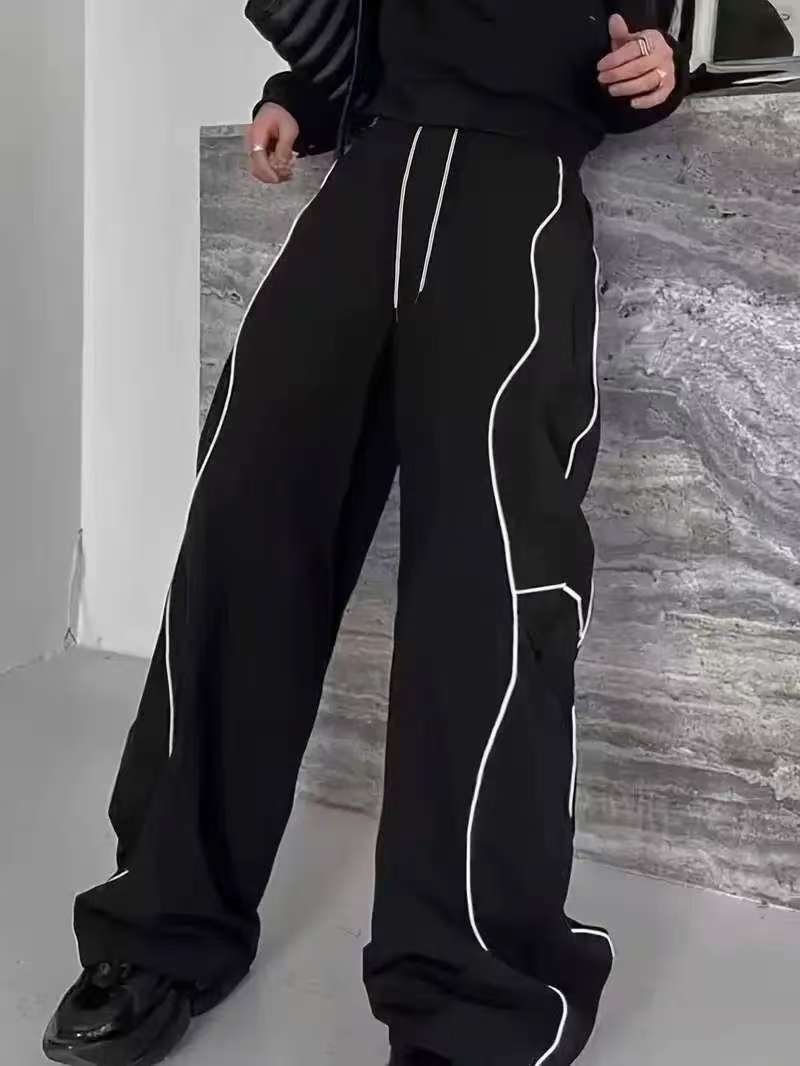 Black Curved Piping Wide-Leg Sweatpants | Streetwear Bottoms