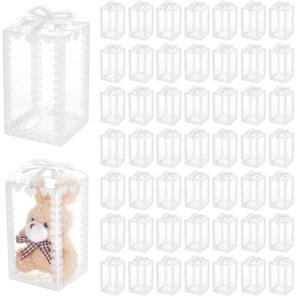 60 count 2.3x2.3x4 Inch Transparent PVC Favor Boxes, Rectangle Bow Knot  Clear Wedding Party Favour Boxes for Candy , Festival  Packaging