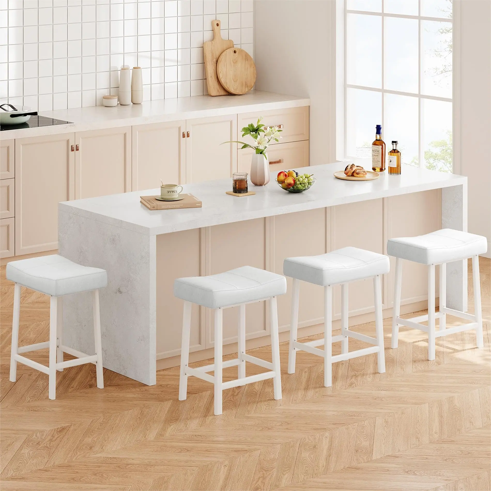 Set of 4 White 24-Inch Counter Height Bar Stools – Upholstered Saddle Seats – Curved Padded Design – Sturdy Metal Frame – Space-Saving – Ideal for Kitchen Island, Dining, Home Bar – Easy Assembly