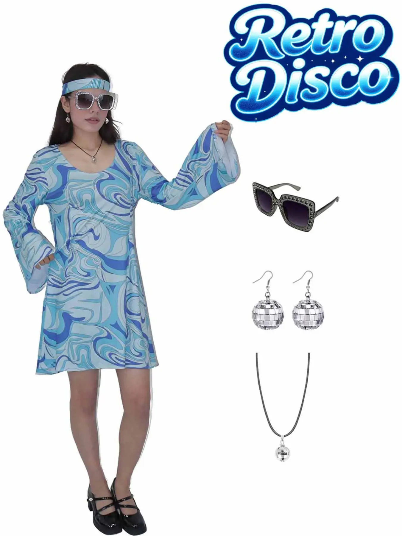 6 Piece Set Women's 70s Retro Disco Dress, Vintage Hippie Blue Print Dress, Includes Headband, Glasses, Earrings, Necklace, Halloween Costume