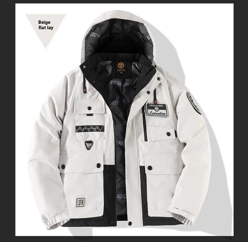 BIGWIG men's autumn and winter hooded parka, thickened warm work jacket, multi-pocket work top, windproof and waterproof cotton clothing, sports hooded jacket, cotton warm soft shell clothing, outdoor camping outdoor jacket