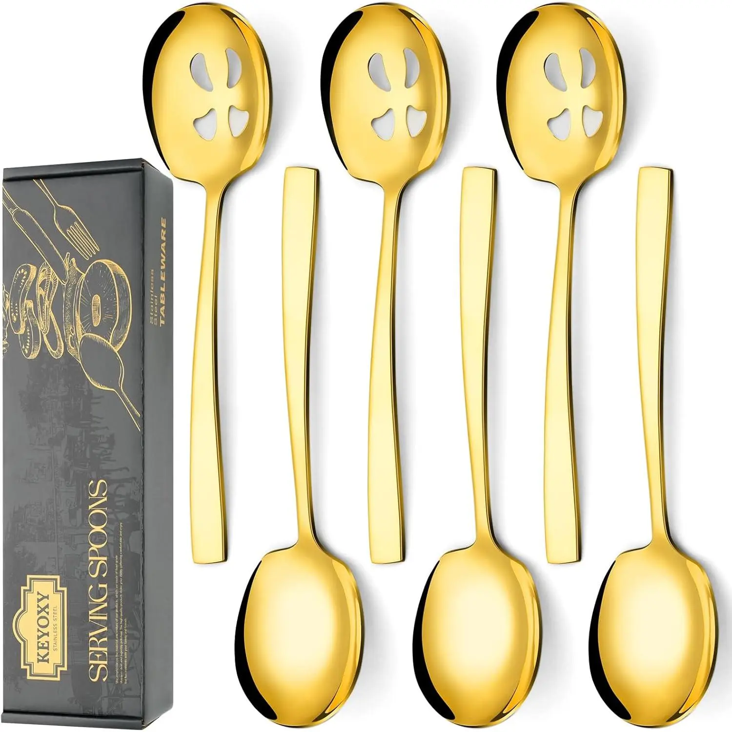9.2-Inch Gold Stainless Steel Tableware Serving Spoons Set (6-Piece) - 3 Large, 3 Slotted, Dishwasher Safe for Parties, Kitchen Use, Stainless Steel Utensils
