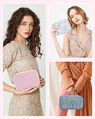 Travel Makeup Bag, Small Floral Cosmetic Bag with Makeup Brush Compartment, Portable Makeup Pouch for Women, Double Layer Cute Toiletry Organizer Bag, Purple Flower