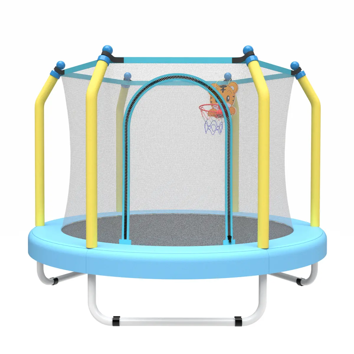 55-in Round Indoor Outdoor Toddler Trampoline with Safety Mesh Enclosure, Basketball Hoop, Foam-Padded Poles, 30 Springs, 44'' High Bouncing & Double-Sided Zipper, Outdoor Trampolines