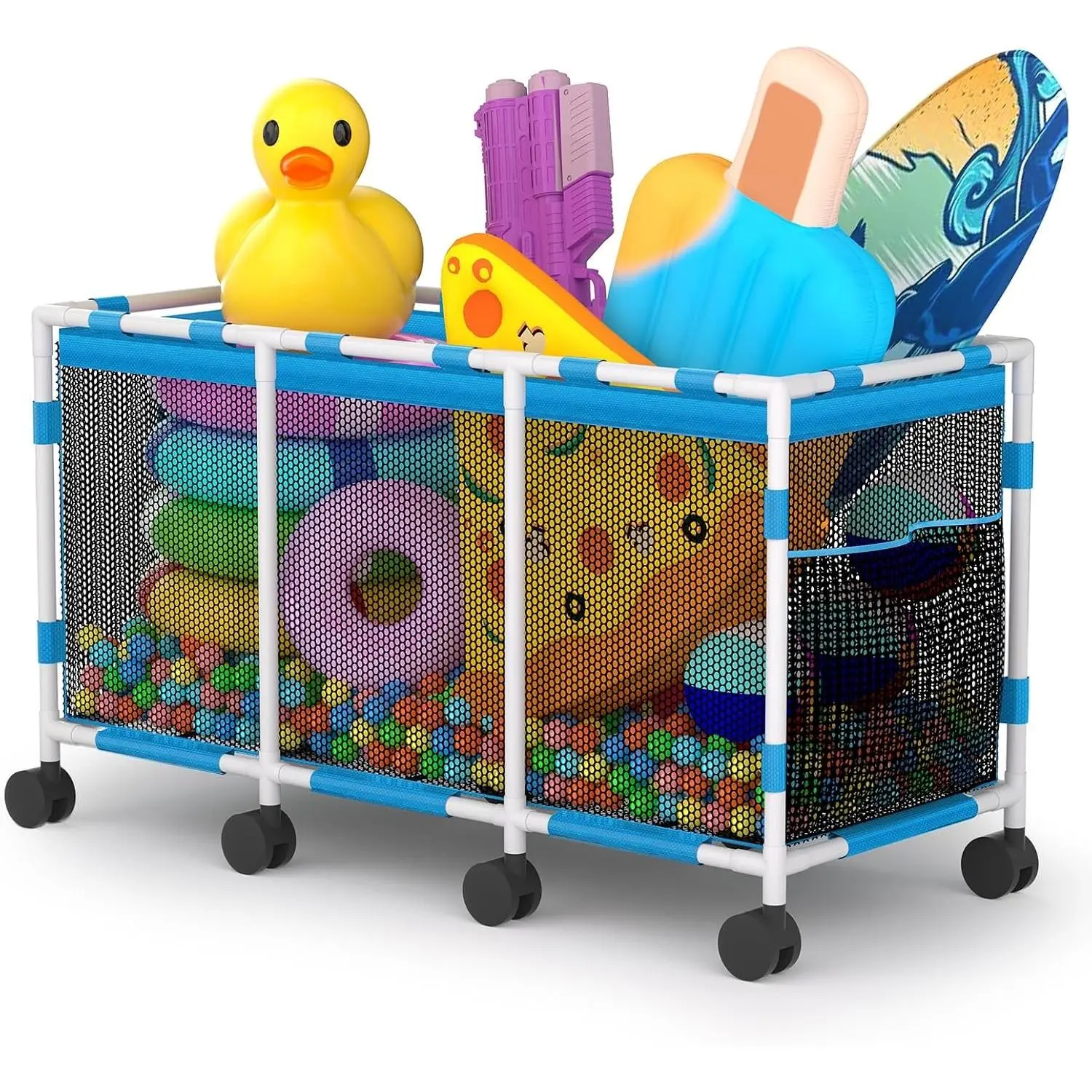 Pool Storage Bin 315 Gallon 72" L Extra Large Pool Float Storage Organizer with Heavy Duty Tear and Sunlight Resistant Nylon Mesh, 360° Rolling Pool cart for Pool Equipment