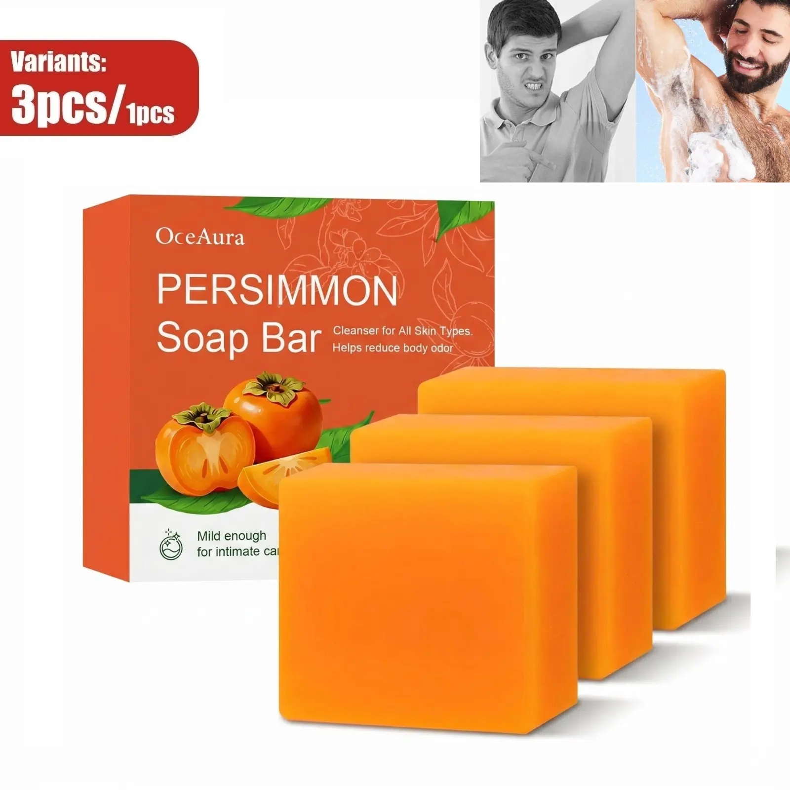 3 PCS Persimmon Soap Bar for Body Odor Control, Natural Refreshing Body Bar Soap for Old People Smell, Organic Deep Cleaning Body Face Wash Soap Cleanser for Women & Men All Types