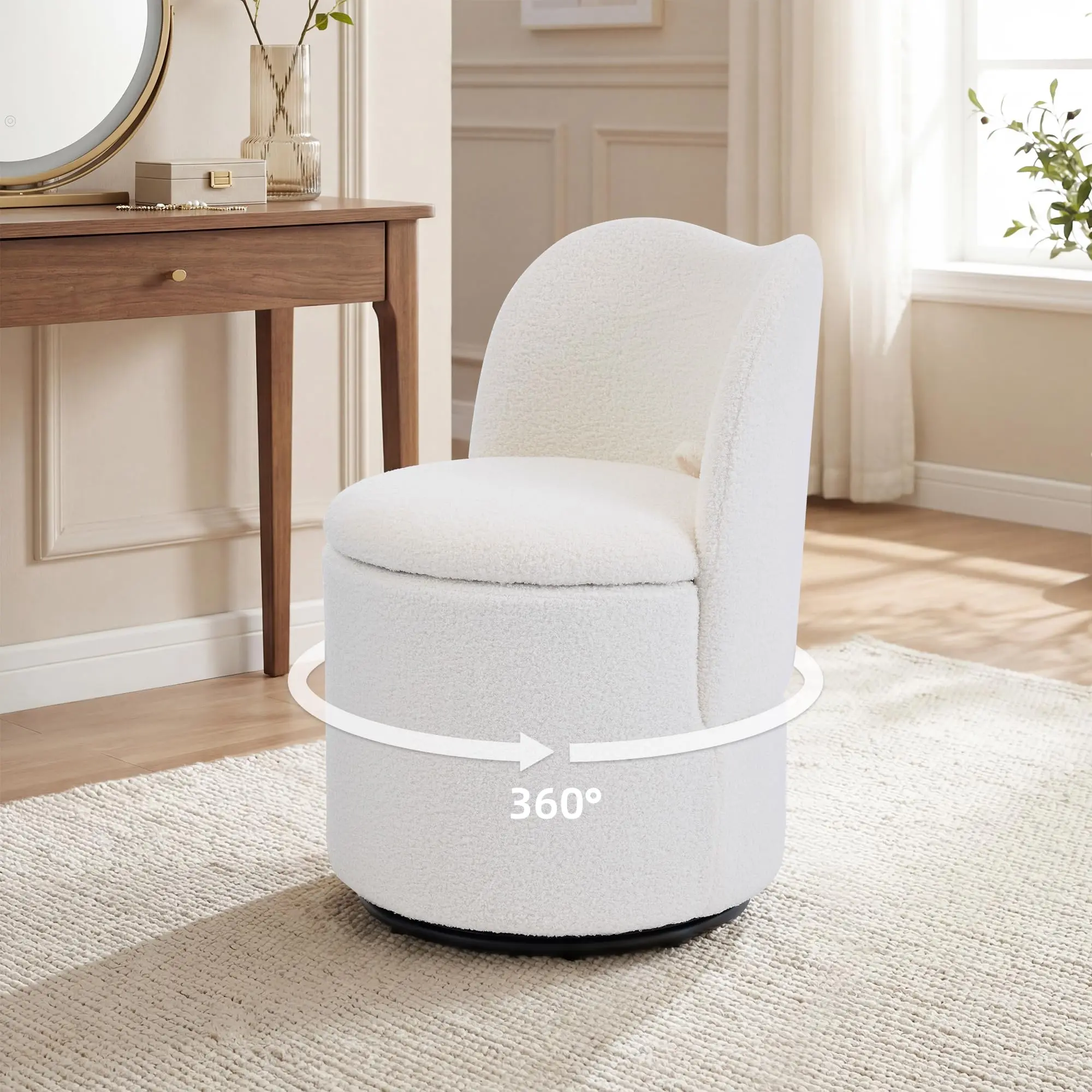 Vanity Chair with Storage – Swivel Makeup Chair with Back, Modern Accent Stool for Bedroom, Dressing & Living Room