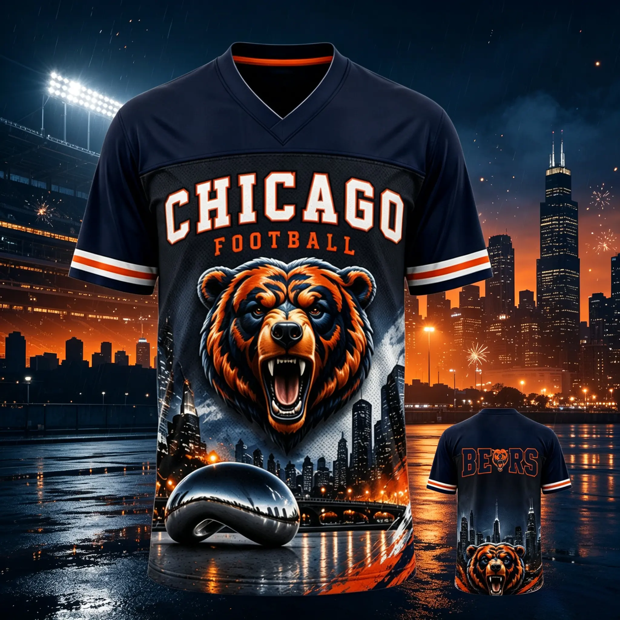 Bear City Skyline V-neck short-sleeved jersey, mascot pattern short-sleeved shirt, American football uniform, a must-have gift for fans. # NFL Football # Bear Fans