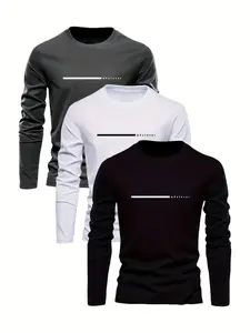3-Pack Long Sleeve T-Shirts, Fashionable Men's Tees, Letter Print, Comfortable Fabric, Ideal for Training, Gym, Outdoor Activities