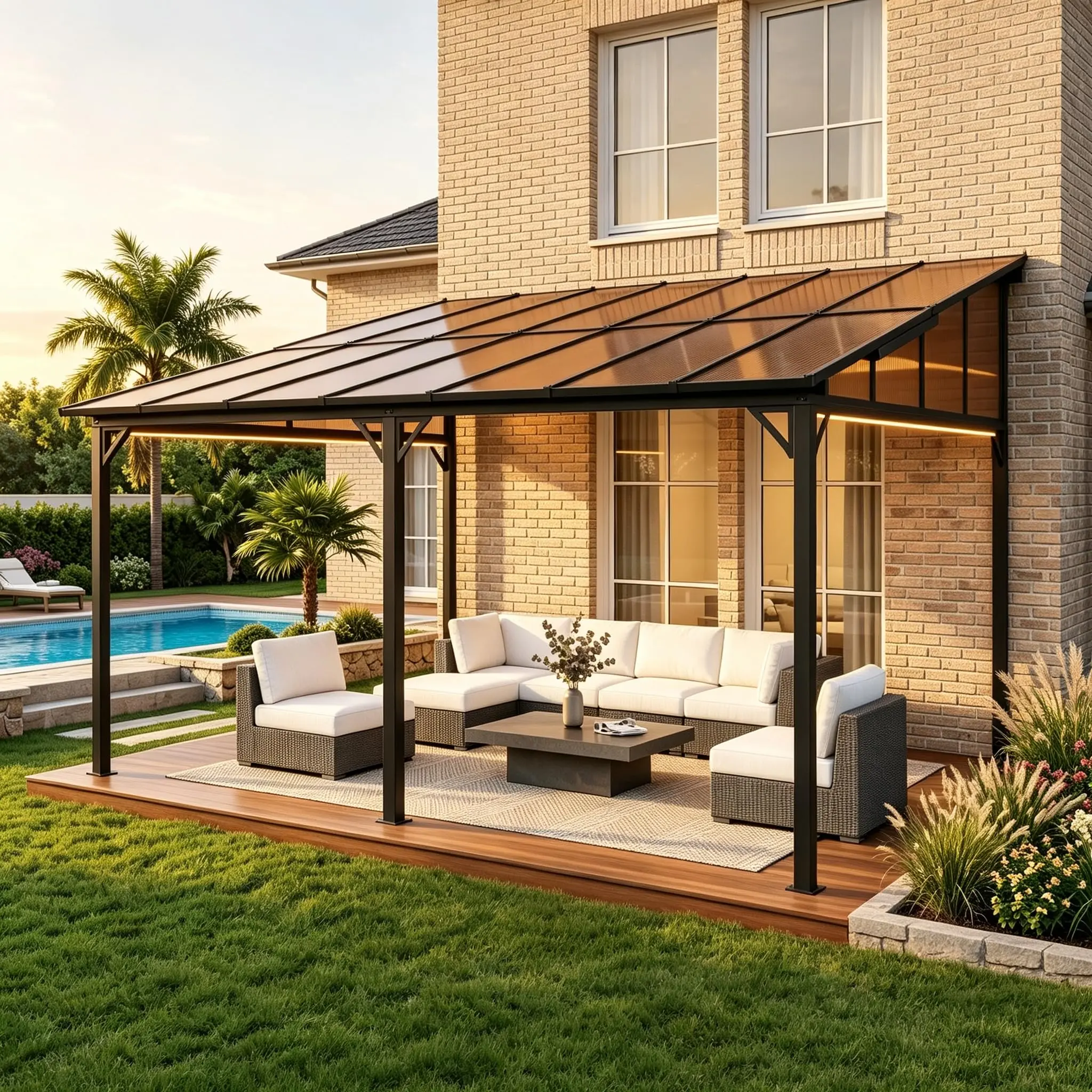 GARVEE 12 x 20 ft Wall-Mounted Lean-to Gazebo, Polycarbonate Hardtop Gazebo with Iron Frame, UV-Resistant & Waterproof Outdoor Patio Canopy Shelter for Deck, Backyard, Garden, Brown Top
