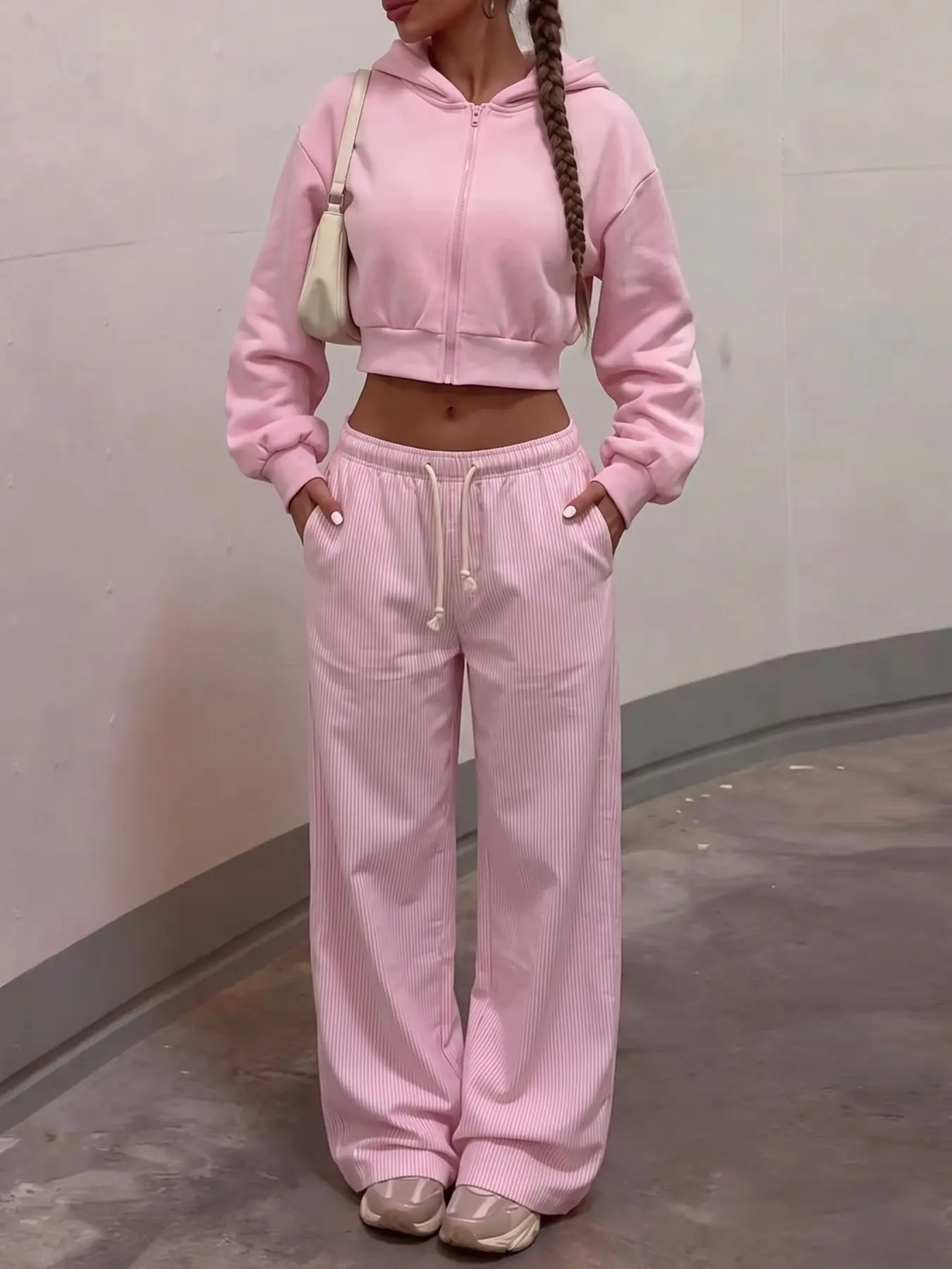 Women Pink 2 Piece Lounge Set Zip Up Cropped Hoodie Jacket Striped Wide Leg Drawstring Sweatpants Casual Loose Long Sleeve Tracksuit Y2K Daily Loungewear Streetwear Soft Cozy Workout Going Out Matching Outfit