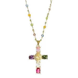 Rainbow Cross Pendant Necklace, Dainty Sparkling Beaded Chain Necklace, Elegant Women Jewelry with Gift Box, Boujee Gift for Girlfriend Valentines Birthday Mothers Day Easter