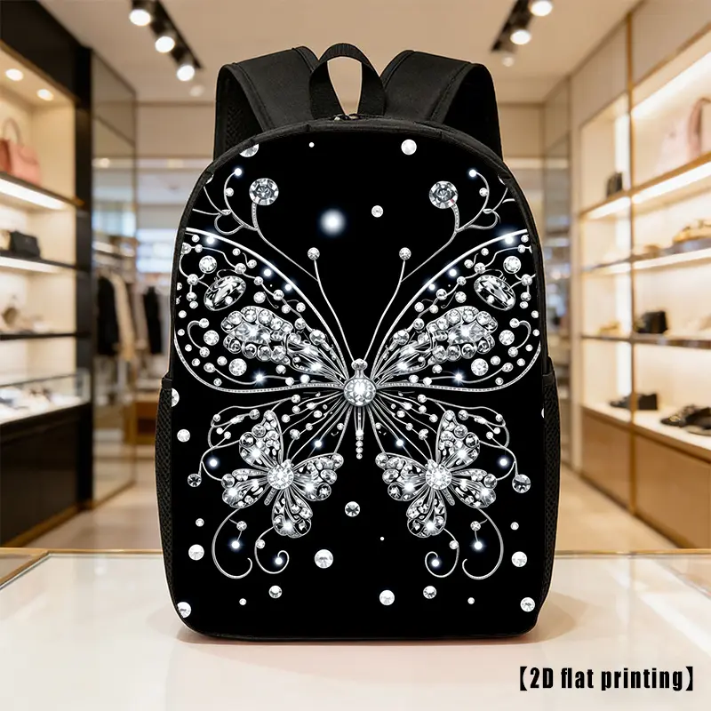 Silver Butterfly, a Lightweight, Large-capacity Unisex Backpack with Adjustable Shoulder Straps and Side Pockets, Suitable for Casual Wear, Commuting, and Multiple Uses. Ideal for Hiking, Mountaineering, and Adventure, Featuring  Printing