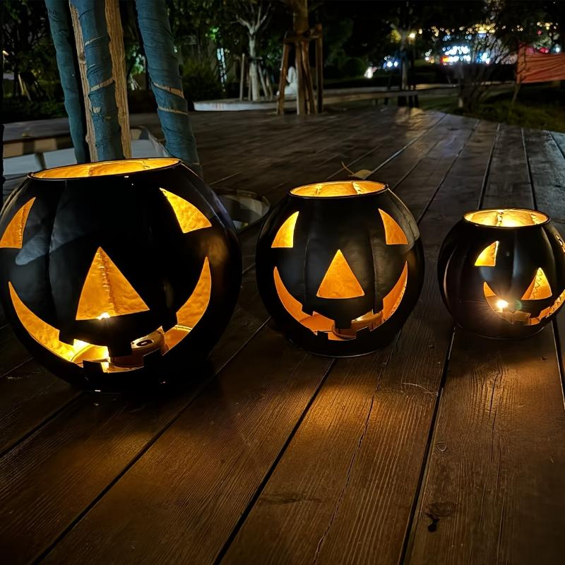 3pcs Halloween Metal Pumpkin Decorations - Black Hollow Face Design, Stackable & Durable, Indoor/Outdoor Use, Easy Assembly, No Candle Included, Perfect for Halloween Festivities, Halloween Decorations