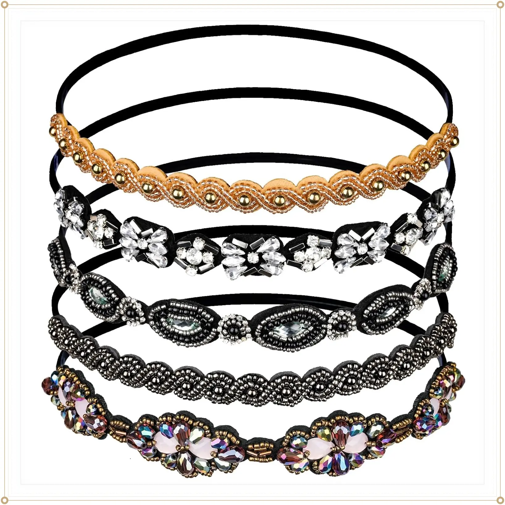 5 Pcs Elastic Beaded Headbands for Women, Crystal Rhinestone Jeweled Hairbands Hat BandsGift