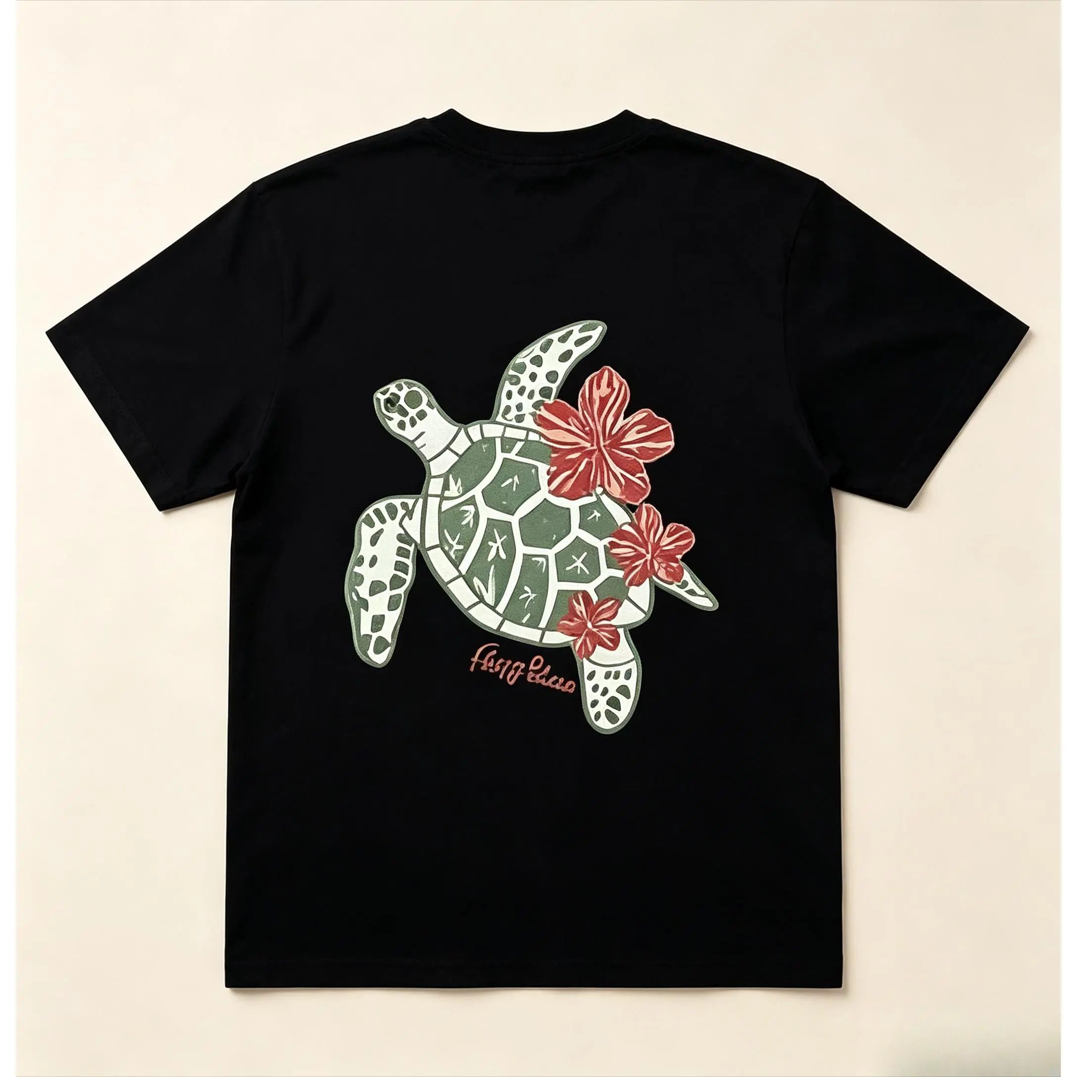 Women's Casual Round Neck Cotton T-Shirt - Hawaiian Sea Turtle Hibiscus Flower Back Print, Oversized Comfort Tops, Tropical Beach Aesthetic, Perfect Holiday Gift for Vacation Lovers, Back Graphic