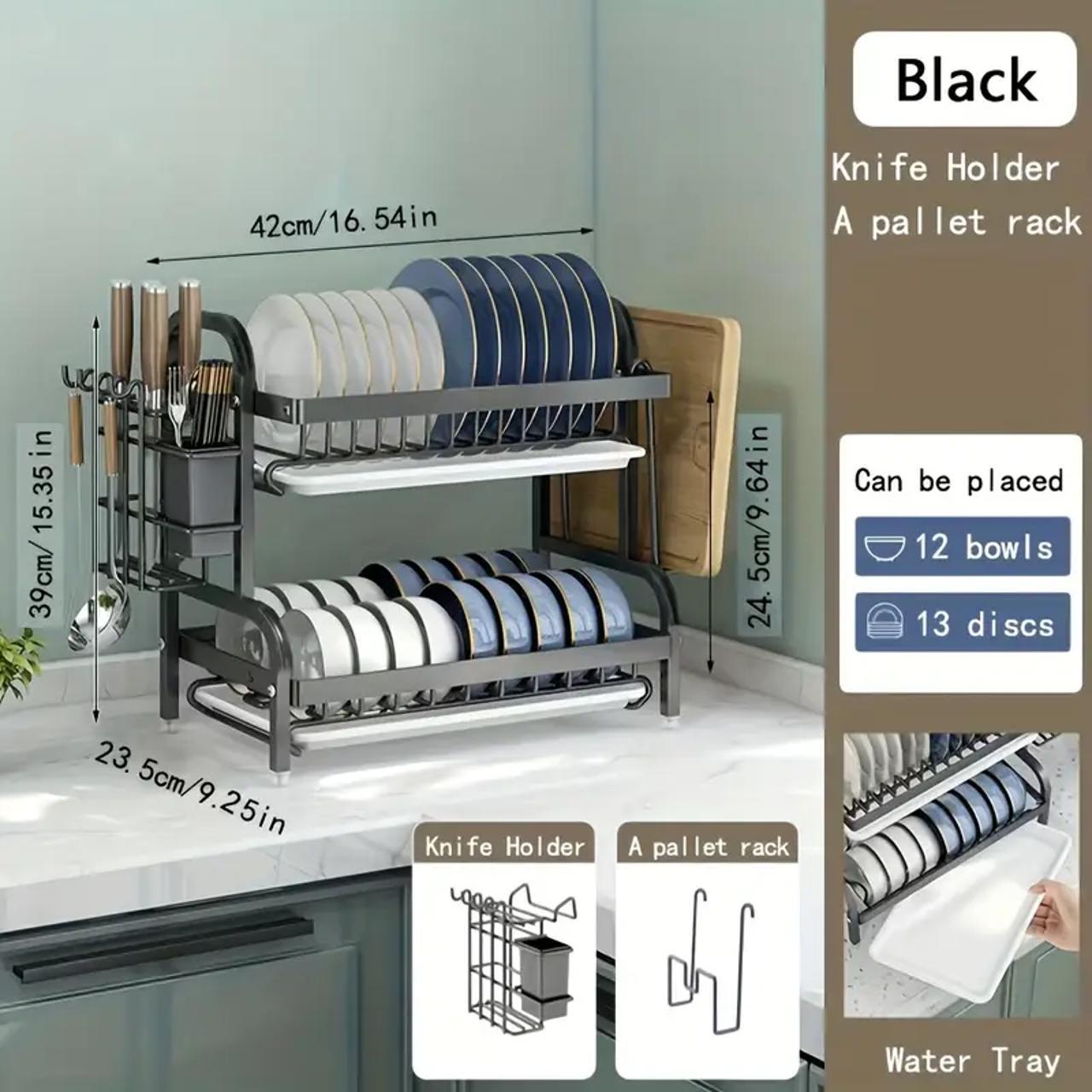 Large Capacity Double Layer Dish Rack, Dish Drying Organiser, Kitchen Storage Rack with Cutlery Holder, Kitchen Utensil Organizer, Kitchen Accessories