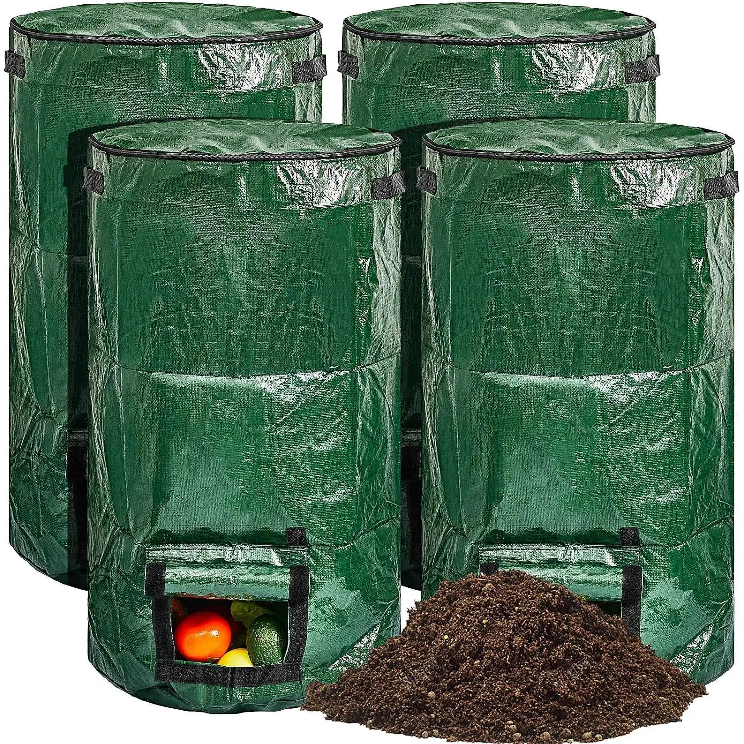 4 Pack 34 Gallon Compost Bins Outdoor  Yard  Lawn Bags | Heavy Duty Garden Composting Garbage Can Outdoor Container with Zipper Lid and Handles for Loading Leaf Trash
