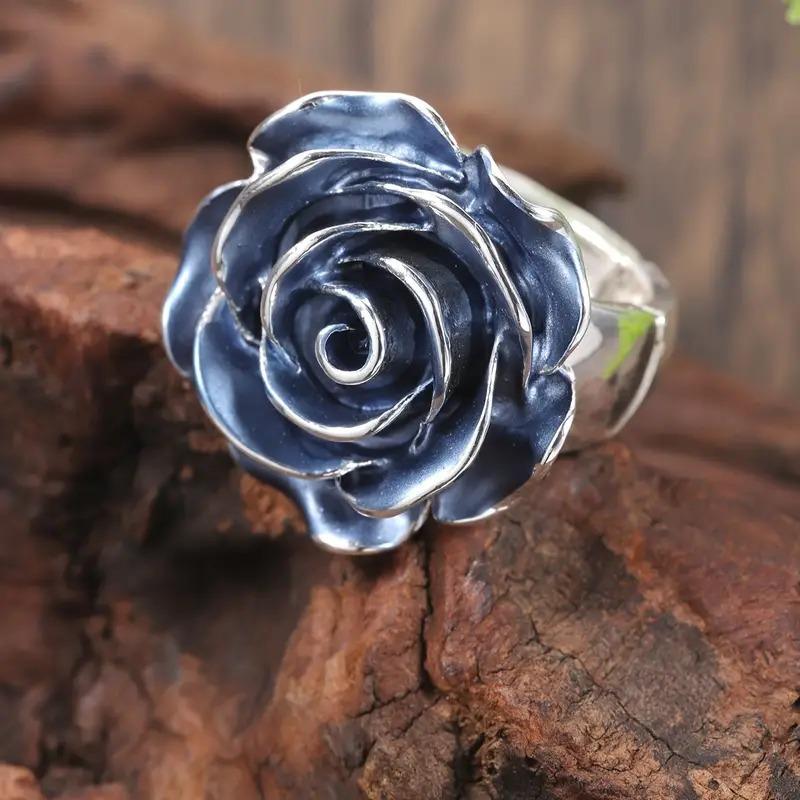Vintage Enamel Blue Rose Statement Ring for Women | Rococo Style European & American Elegant Jewelry | TikTok Live Cross-Border Accessory