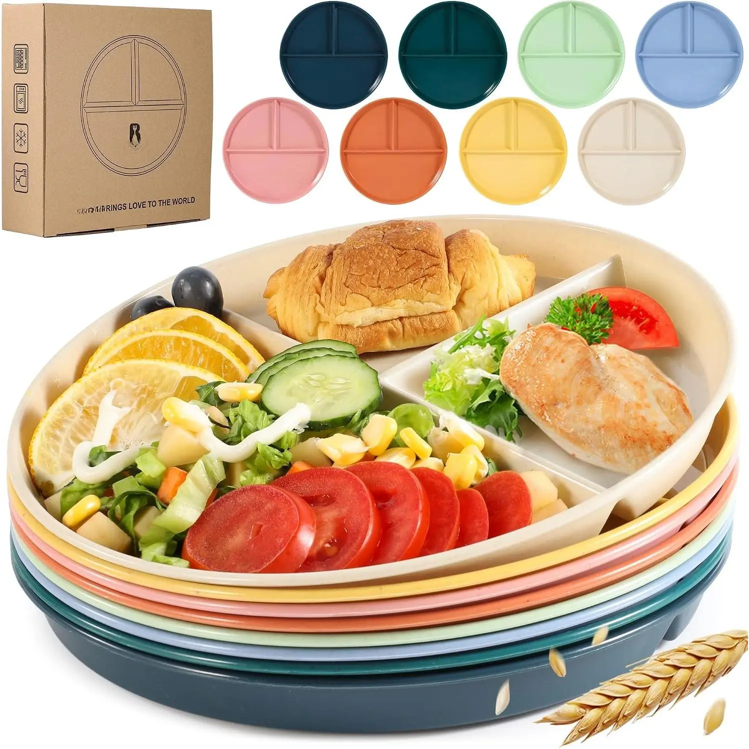 9" Unbreakable Divided Plates (8 PCS). Microwave & Dishwasher Safe! For  & adults. Wheat straw, BPA - free. Portion control for /. 3 -compartment, durable & smooth.