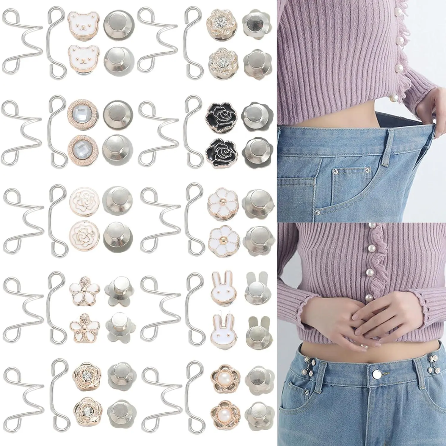 60 count Pant  Tightener Set, 10 Style Adjustable  Buckle Jeans Clip, No Sewing Adjuster Pins Buttons for Loose Jeans, Pants, Skirts, Sleeves