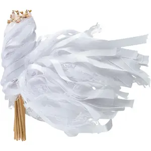 30 Pcs Wedding Wand, White Ribbon Sticks, Wedding Streamers, Lace Ribbon Streamers, Wedding Exit Items, Send Off Wands, Props Sticks with Bells for Wedding Party Celebration Favors