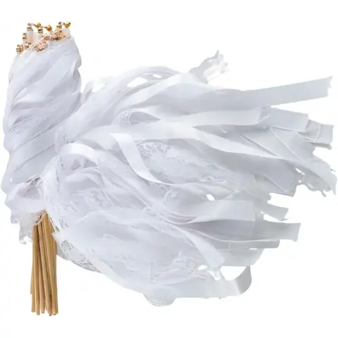 30 Pcs Wedding Wand, White Ribbon Sticks, Wedding Streamers, Lace Ribbon Streamers, Wedding Exit Items, Send Off Wands, Props Sticks with Bells for Wedding Party Celebration Favors