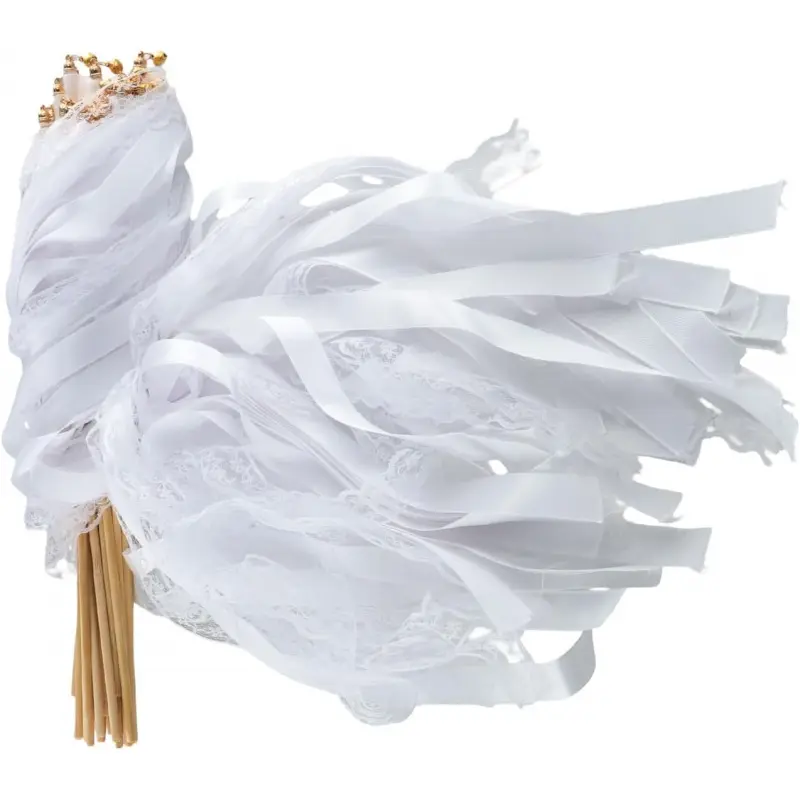 30 Pcs Wedding Wand, White Ribbon Sticks, Wedding Streamers, Lace Ribbon Streamers, Wedding Exit Items, Send Off Wands, Props Sticks with Bells for Wedding Party Celebration Favors