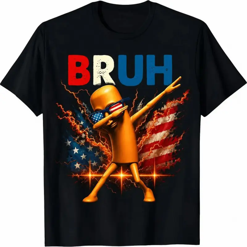 [100% Cotton] 180gsm Lightweight Regular Cut Casual Wear Patriotic Theme Tee, Heat Printed Funny BRUH Hotdog Dabbing US Flag Lightning Design Fade Resistant Sports Top (TUNGTUNGTUNG Sahur Vibe), Classic Unisex, Round Neck, Cold Wash, Crew Neck, Do Not Dry