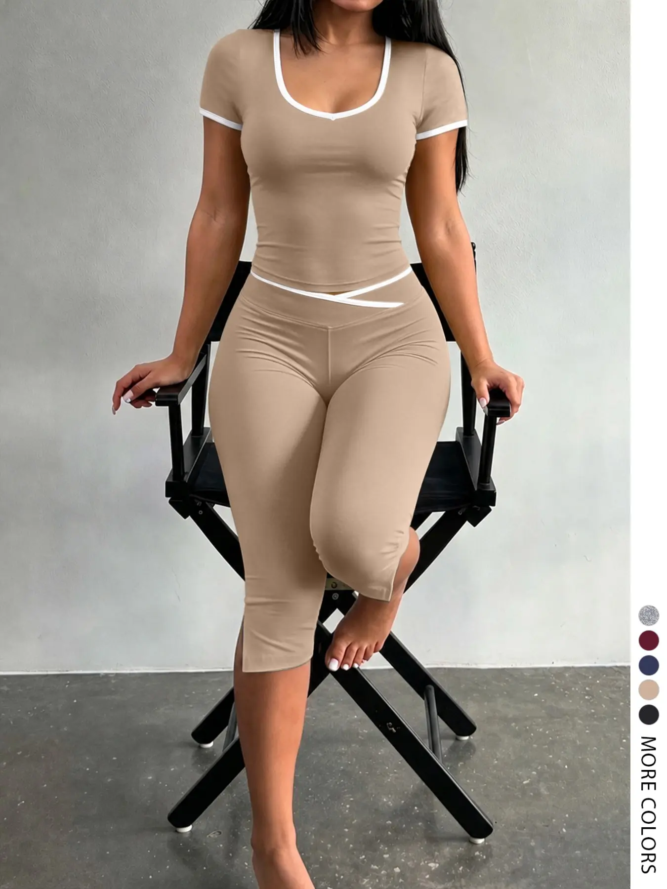 Lw Home Women's Slim-Fit Short Sleeve and Capri Set, Cross Waist Cinch, Split Hem, Casual Style, Perfect for All Seasons, Home Wear, Sporty Casual Wear, Figure Hugging Sport Casual Outfit for Going Out