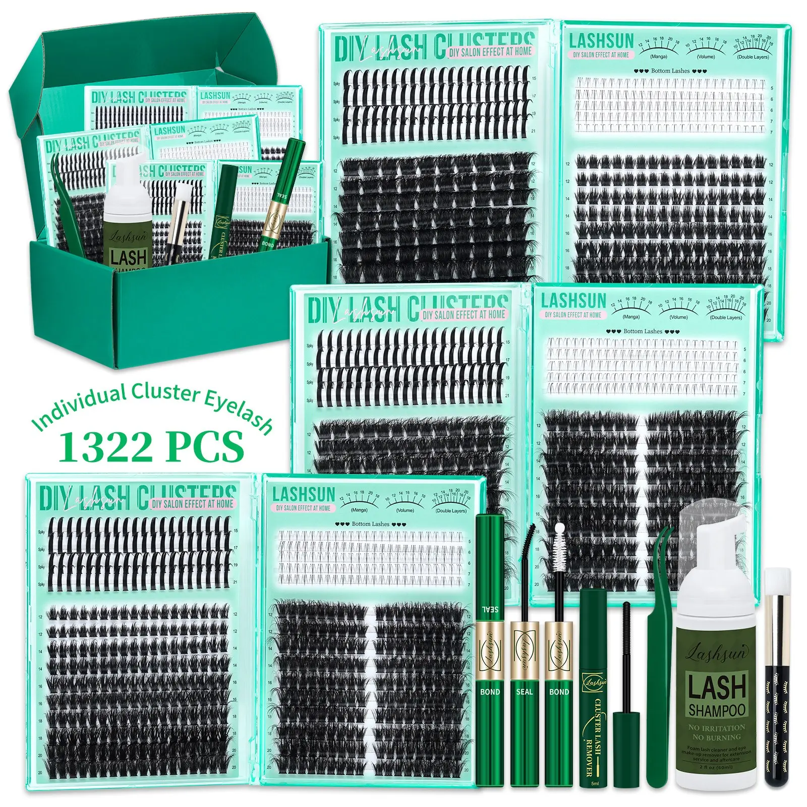 1322 Pcs D Curl Eyelash Clusters Set, DIY Volume Eyelashes, Mixed 5-21mm 8 Styles Bottom/Spike/Mega/Cat/Volume Thick 3D Multi-Layered Lashes, Kit with Bond&Seal Remover Tweezers Lash Shampoo Brush, DIY at Home Easily, Easy Apply for Makeup Daily