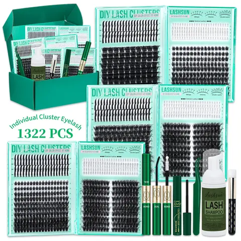 1322 Pcs D Curl Individual Lash Clusters Set, Eyelash Extension, DIY Volume Lashes, Mixed 5-21mm 8 Styles 3D Multi-Layered Lashes, Kit with Bond & Seal, Remover, Tweezers & Lash Shampoo Brush, Easy to Apply for Daily Makeup