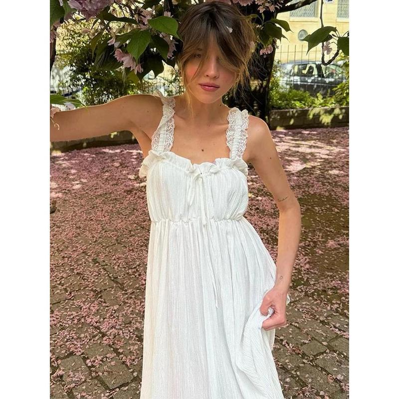 Women's Elegant White Tiered Cami Long Dress Lace Trim Ruffle Flowy Maxi Sundress Sleeveless A-Line High Waist Summer Dress