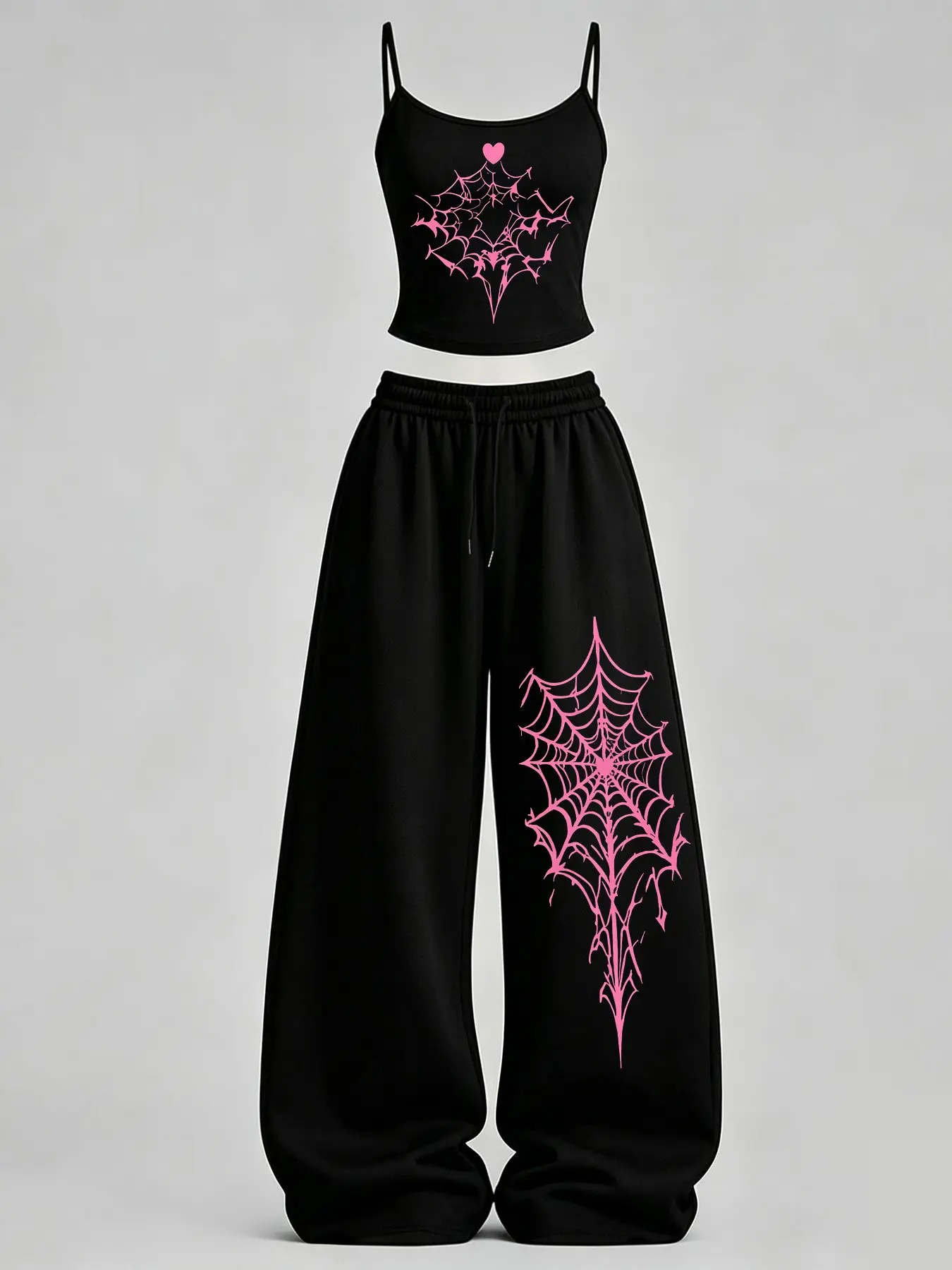 Women's Spider & Butterfly Print Slim Fit Tank Top + Loose Pants Set, Y2K Street Style, Casual Daily Wear, Home Leisure