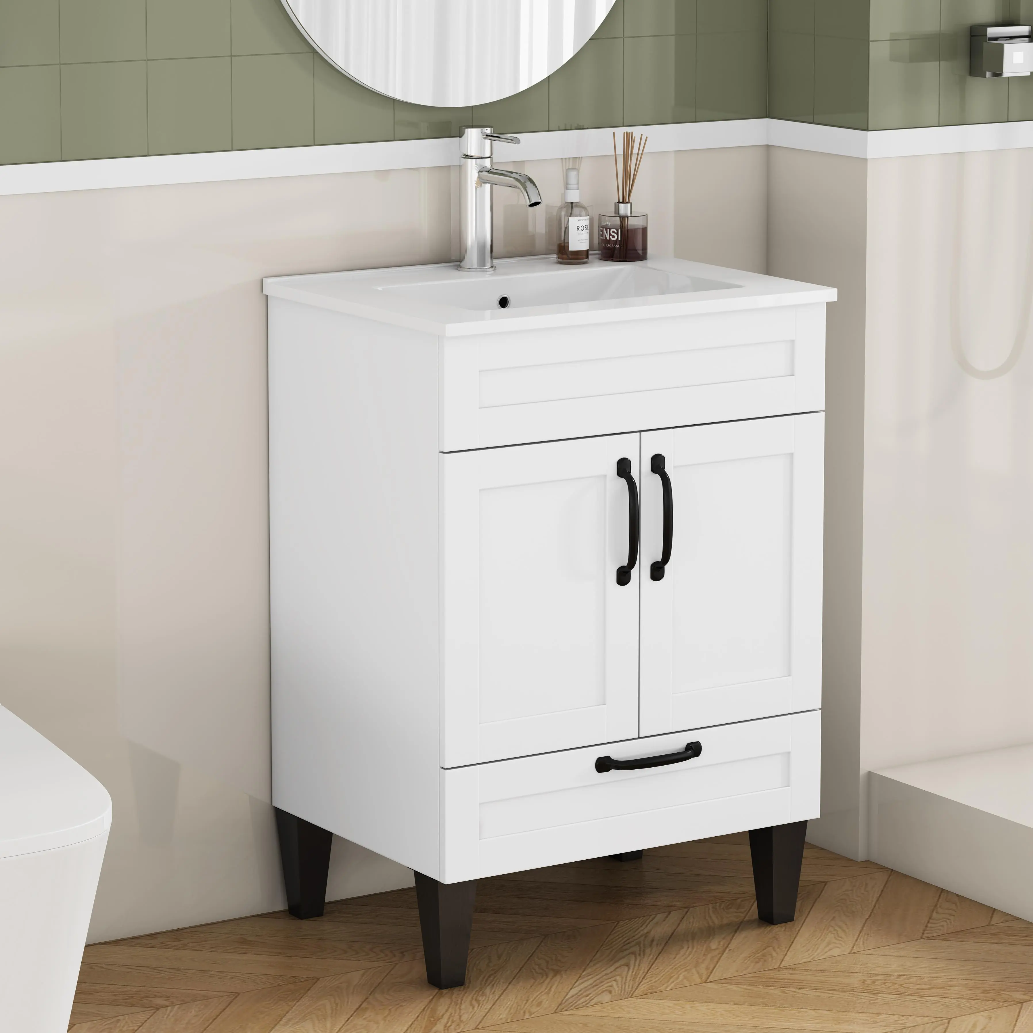 ARCH 24-Inch Bathroom Vanity Cabinet with Sink Combo, White Particle Board Floor Cabinet with 2 Doors and 1 Big Drawer, Soft Close Hinge, Black Metal Handle and Feet, Modern Bathroom Storage Cabinet for Large Bathrooms, Easy Assembly