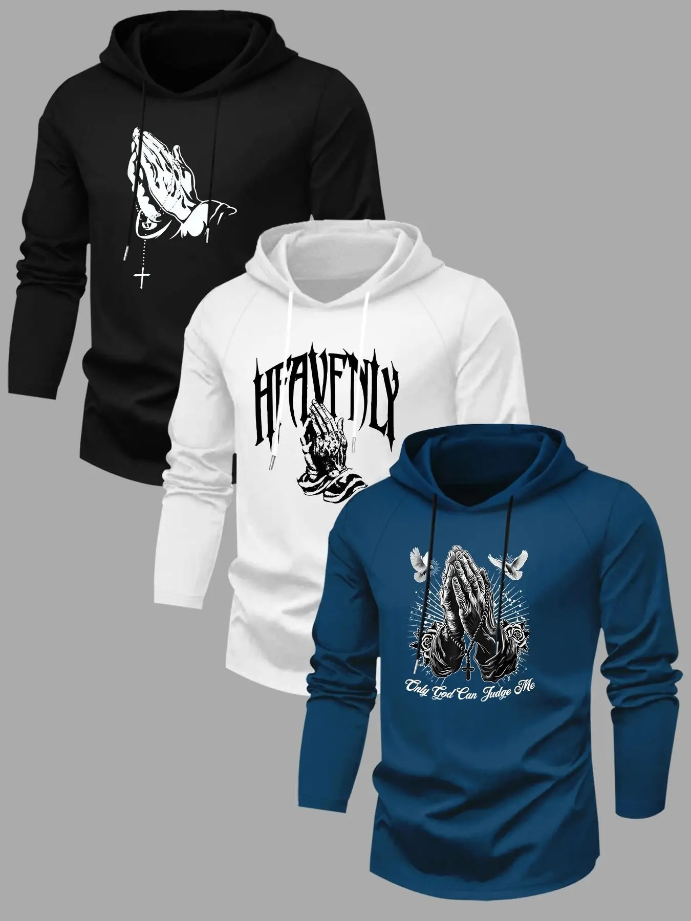 Men's 3-Piece Letter Graphic Print Hooded Long Sleeve Fitted T-Shirt Set, Graphic Streetwear Clothing, Fitted Street Fashion, Casual Outdoor Fall Winter Wear, 3-Pack, Tops