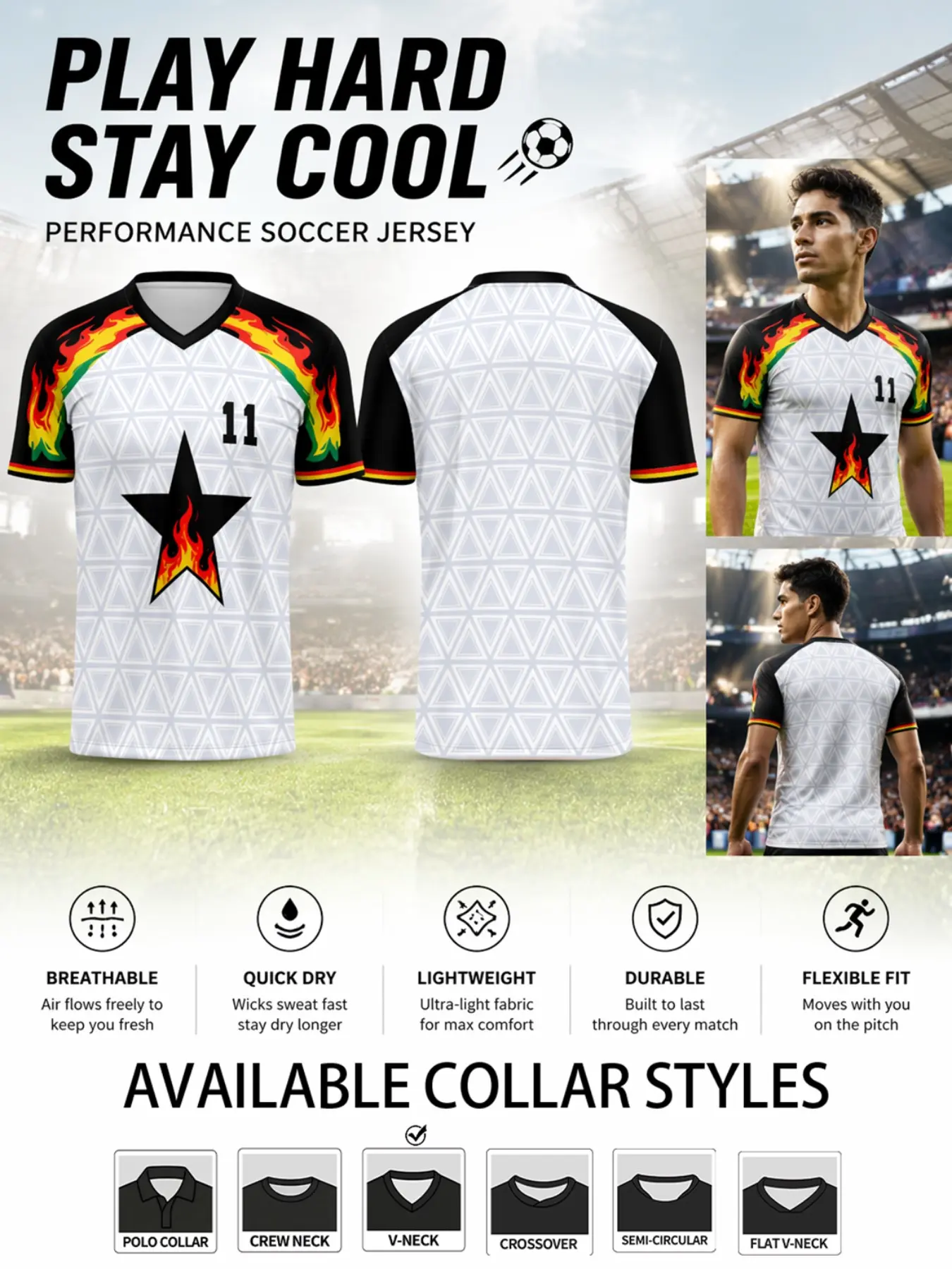 2026 Ghana Soccer Jersey, Short Sleeve Performance Football Shirt, Flame Trim & Star Fire Print, Quick-Dry Breathable, Sporty Fitted Style