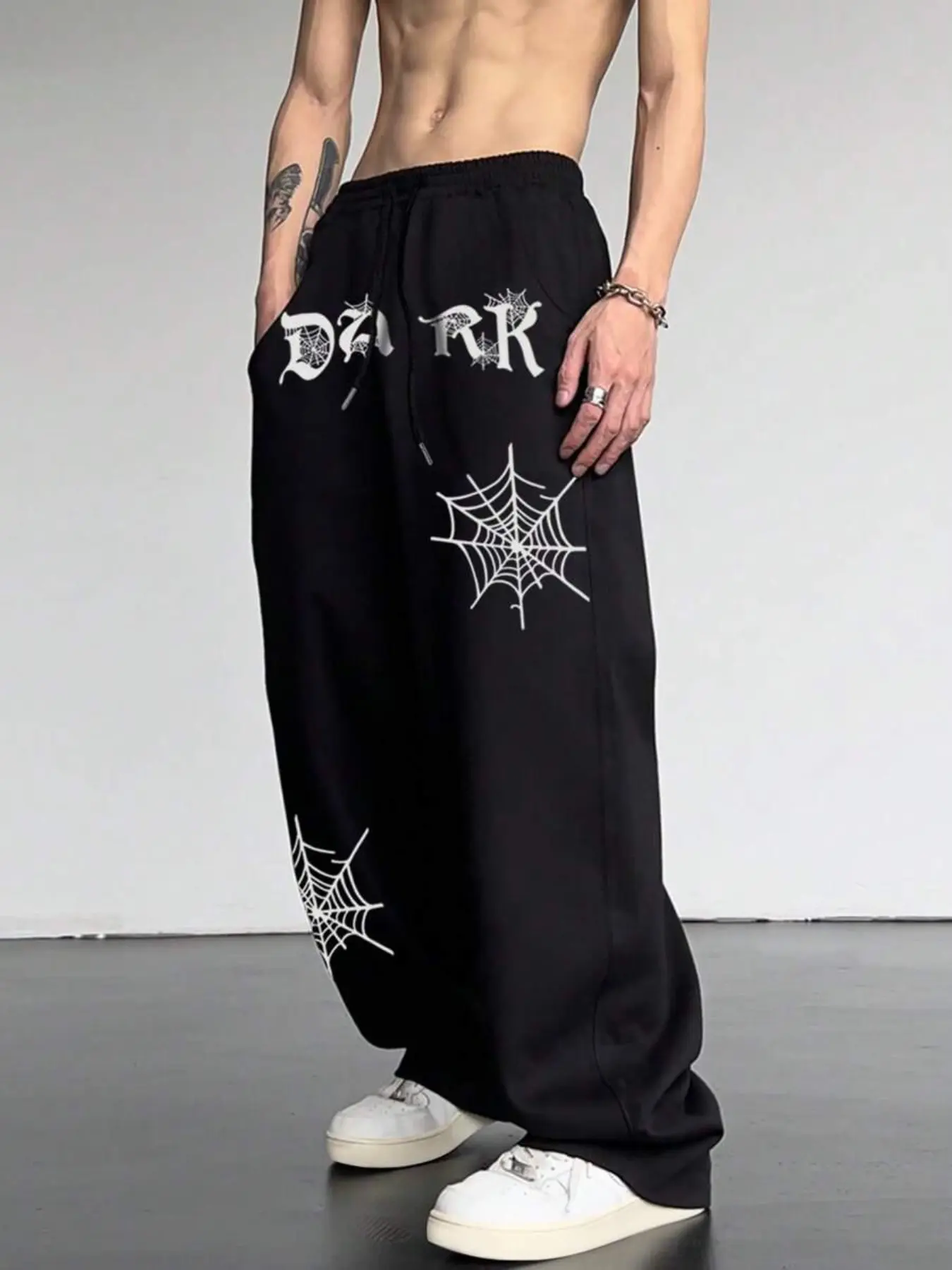 Men's Casual Sport Pants, Leisure Sports Pants, Spider Web Thorns Graphic Print, Drawstring Wide Leg, Loose-Fit, All Seasons, Comfortable Long Pants