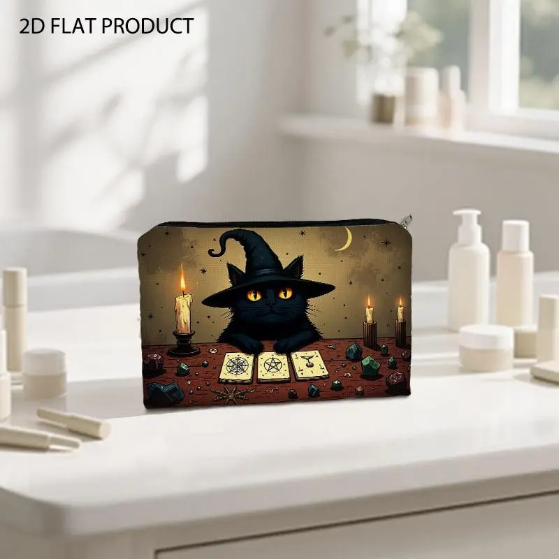 Mystical Witch Cat Tarot Pattern Cosmetic Bag, Double-Sided Printed Makeup Storage Pouch, 5.9*8.66inch Portable Organizer with Starry Moon Candle Crystal Design, Perfect for Daily Makeup Carrying & Travel Use