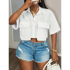 Ladies' Casual Street Style Short Sleeve Shirt| Loose Fit White Drop Shoulder Shirt with Mandarin Collar, Solid Color, Short Length, Flared Hem, Single Breasted, Regular Fit for Spring/Summer, Ideal for Daily Wear and Music Festivals