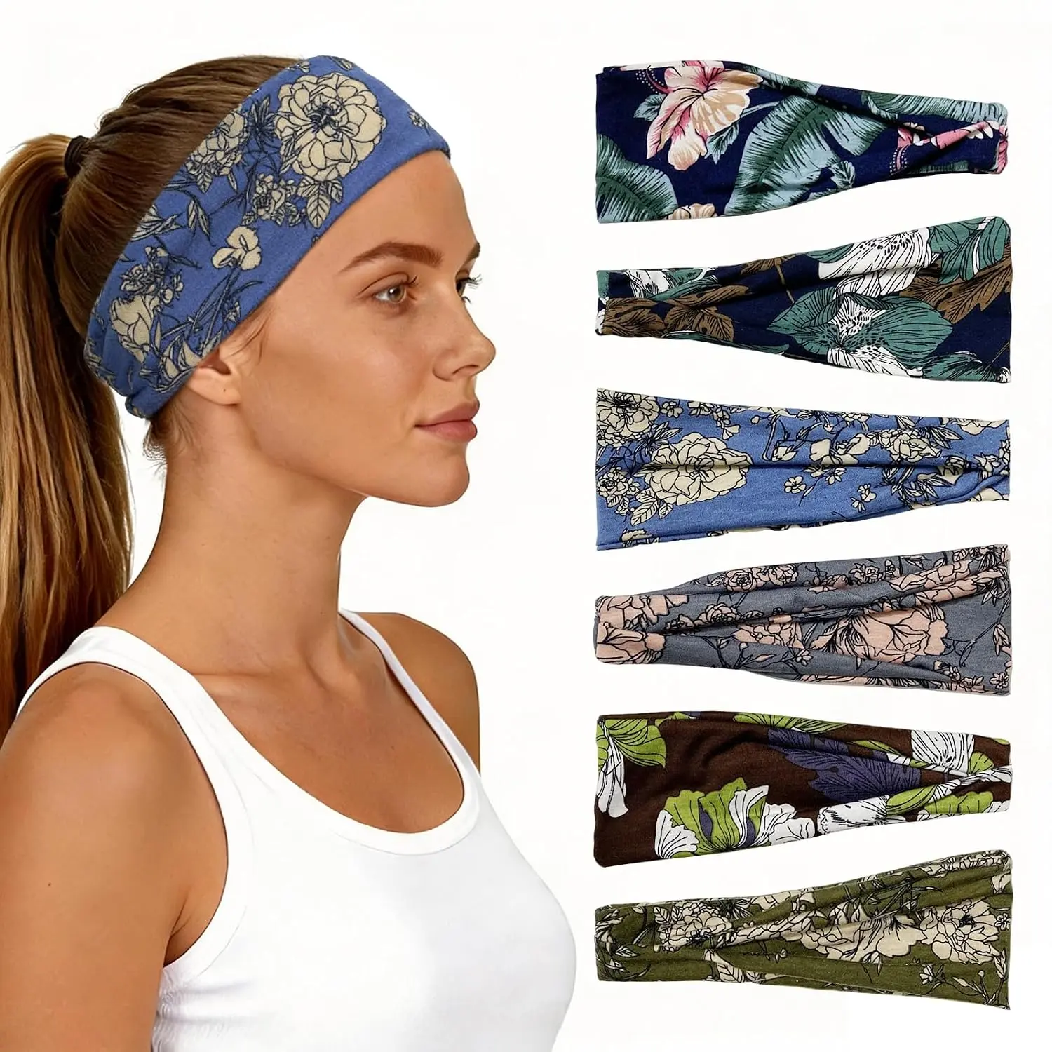 Headbands for Women 6 Pack - Wide Floral Boho  Bands, Running Workout Washing  Thin Hairbands,Elastic Non Slip Comfortable Thick Sweatband, Fashion  Makeup  Hair Accessorie