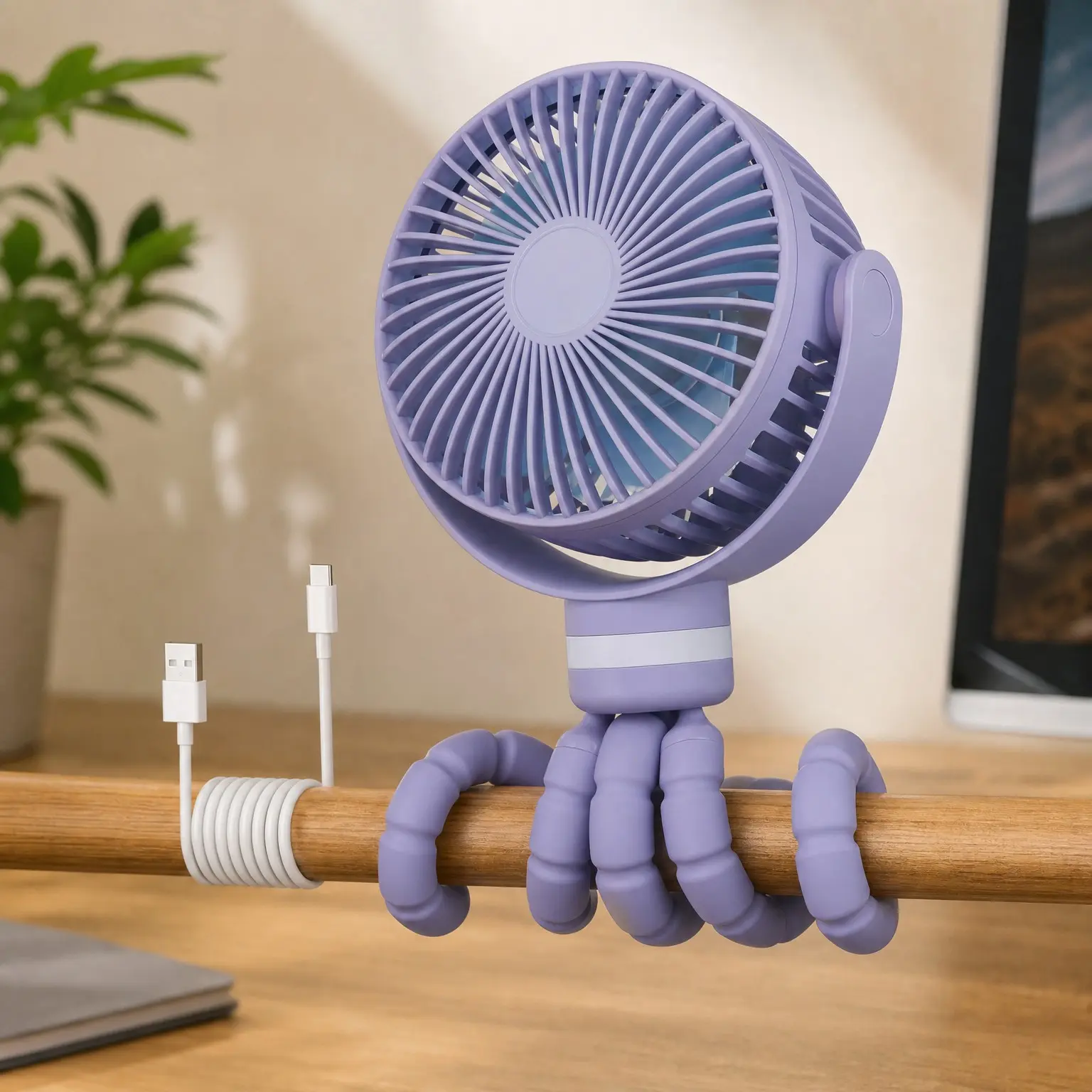8000mAh Portable Stroller Fan, 27H Ultra-Long Battery Life, Detachable 4-Speed 360° Rotating LED Night Light with 2 Modes, USB Rechargeable Handheld Cooling Fan for Travel, Car Seat, Bedroom