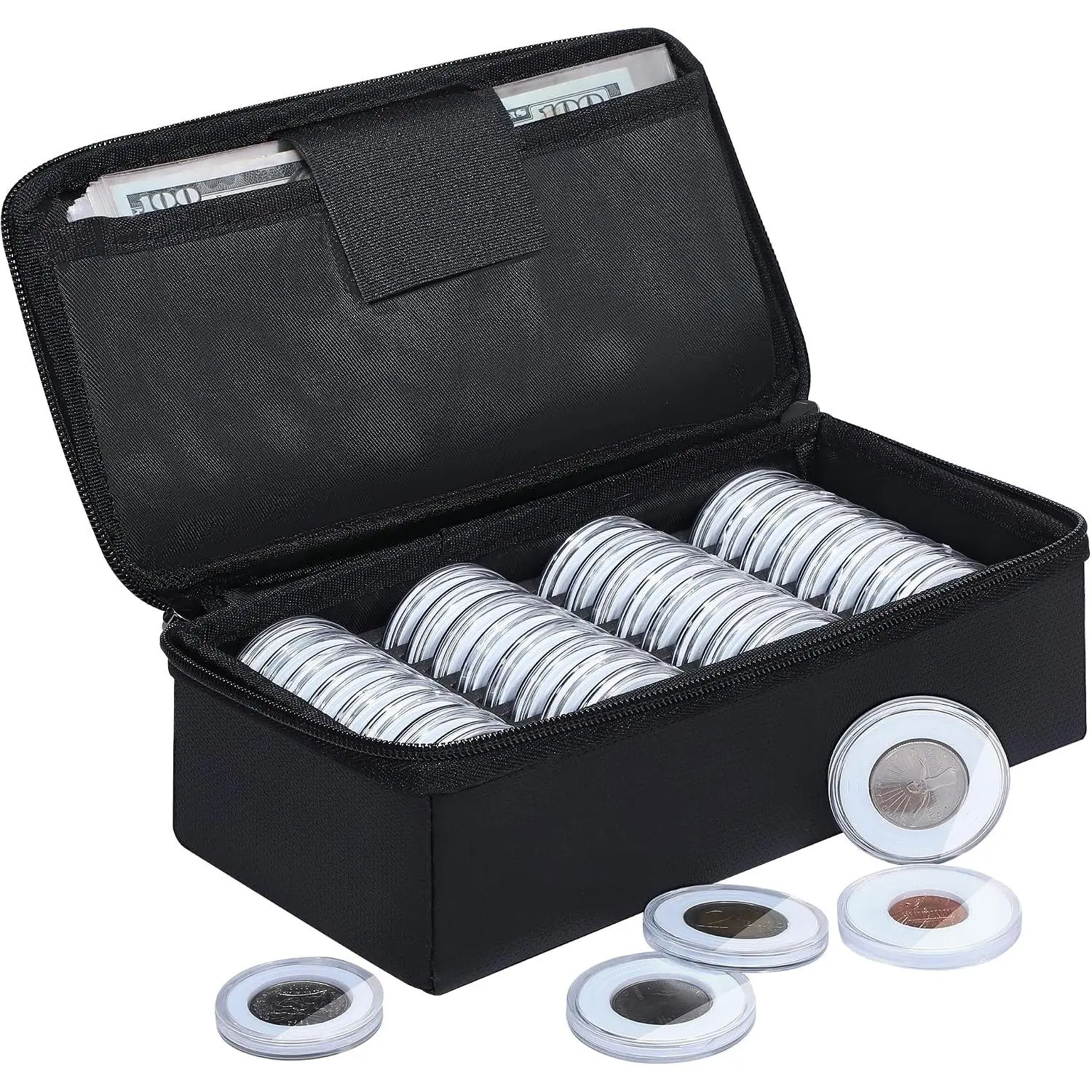 Fiberglass Water Resistant Durable Fireproof Storage Box with 36 Capsule Holders, Gasket, 100 Paper Organizer Sleeves & 5 Multi-Size Options (40/35/30/25/20mm) for Collection Supplies